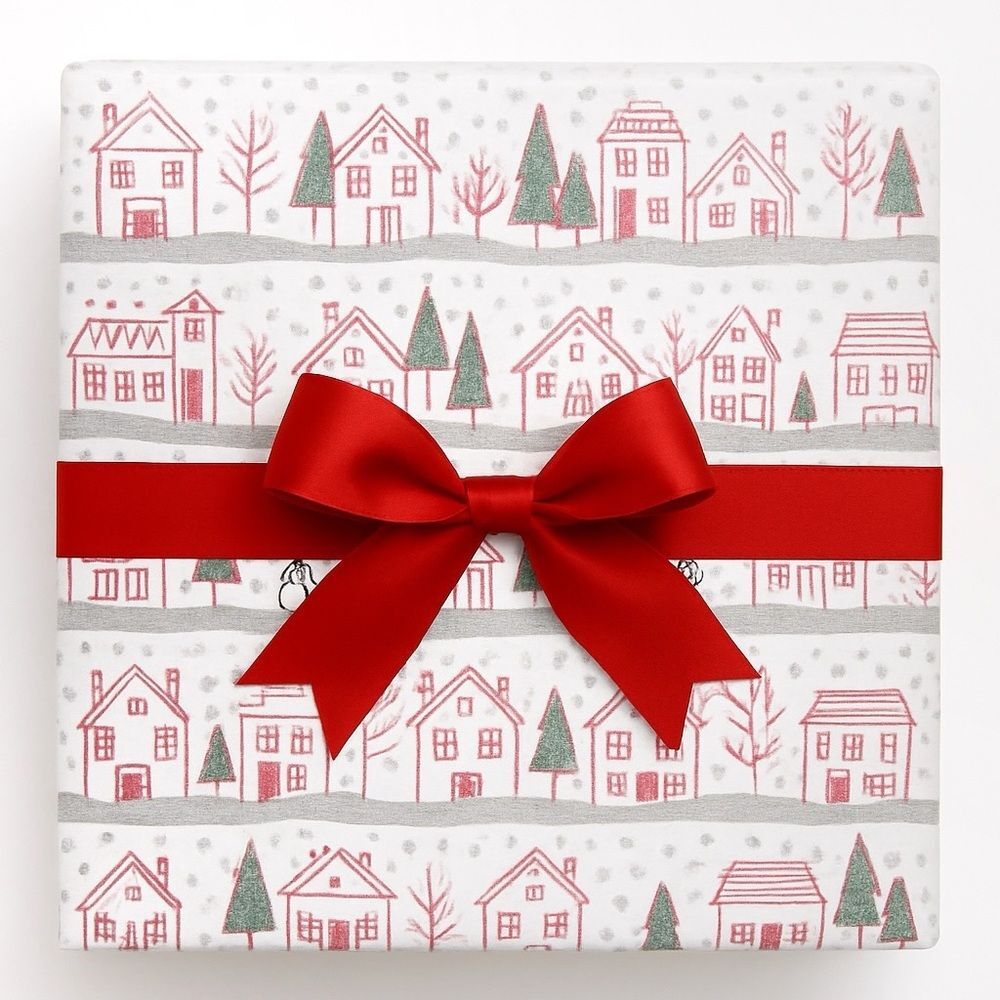 NWT Paper Source Winter Village Glitter Wrapping Paper Roll 27.5”x59” Red White